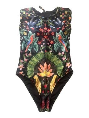 Averie Tropical Parrot Print One-Piece Swimsuit - Black